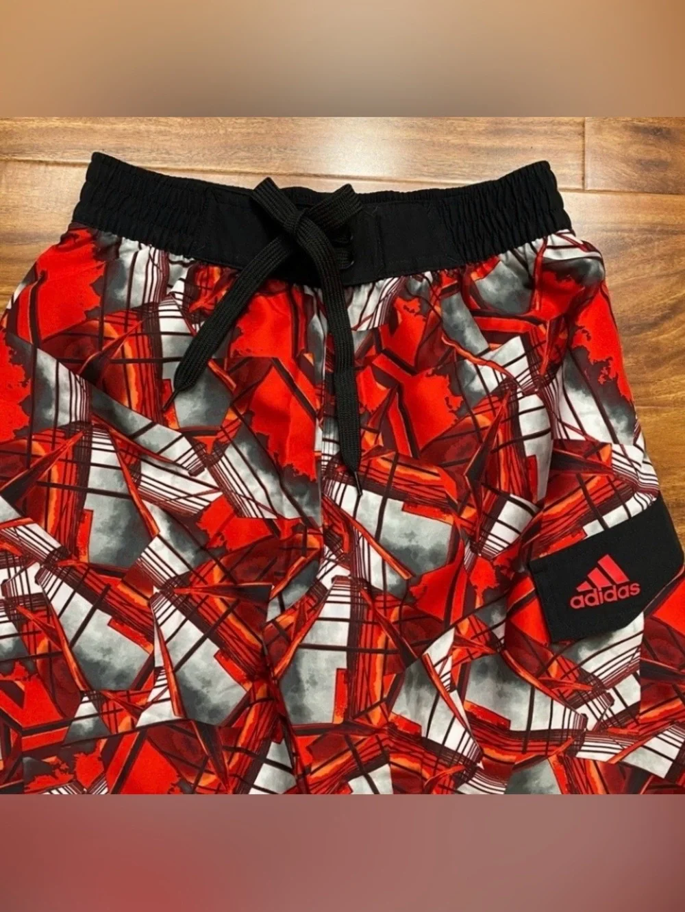 NWT New Adidas Boys Red Black Geometric Print Swim Board Shorts Vacation Size M
